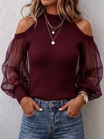 Women's Solid Color Stand Collar Off-shoulder Long-sleeve Casual Loose Chiffon And Knit Top