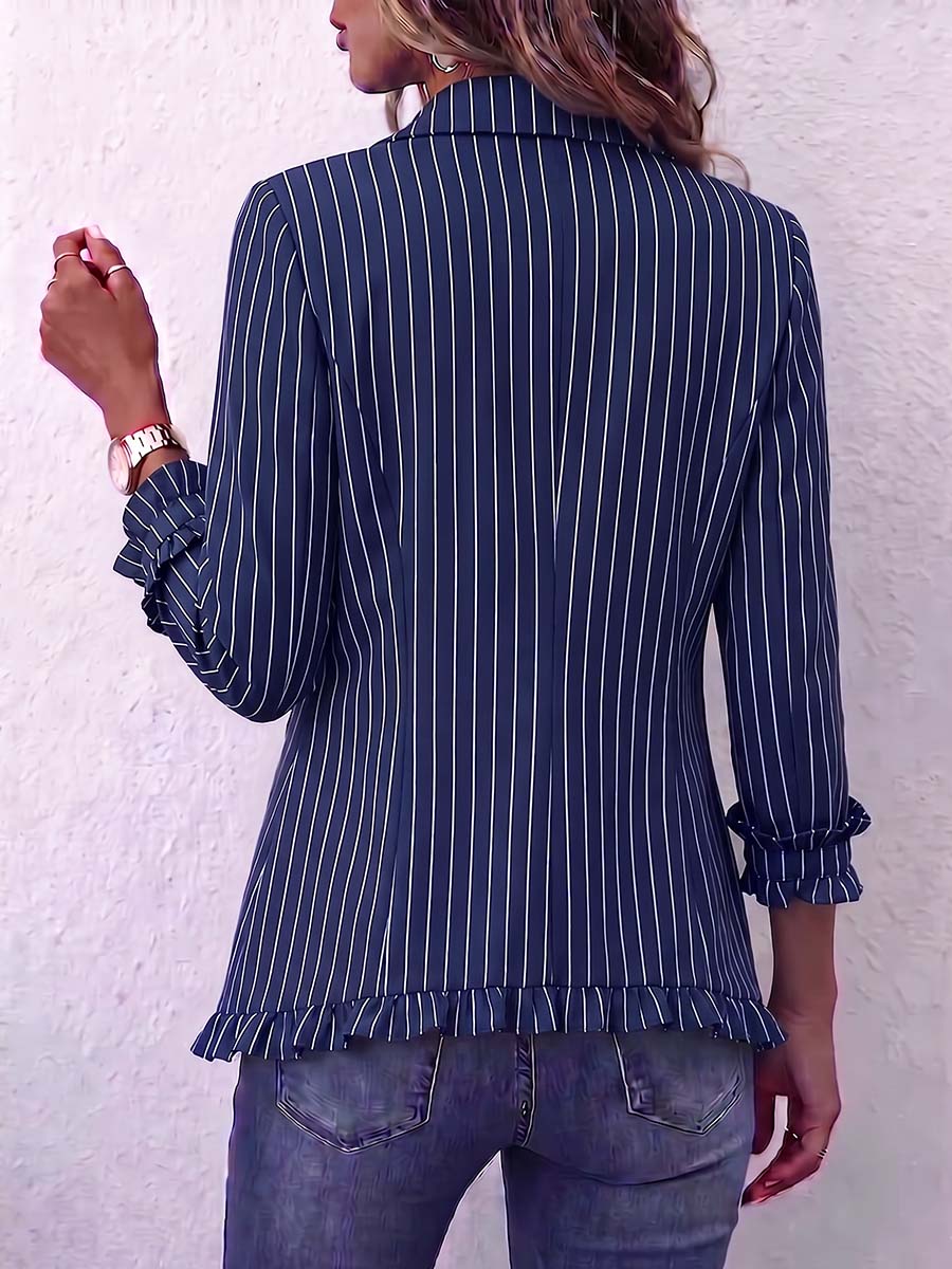 Women's Striped Printed Collared Long-sleeved Casual Loose Cotton Cardigan