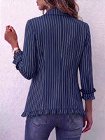 Women's Striped Printed Collared Long-sleeved Casual Loose Cotton Cardigan
