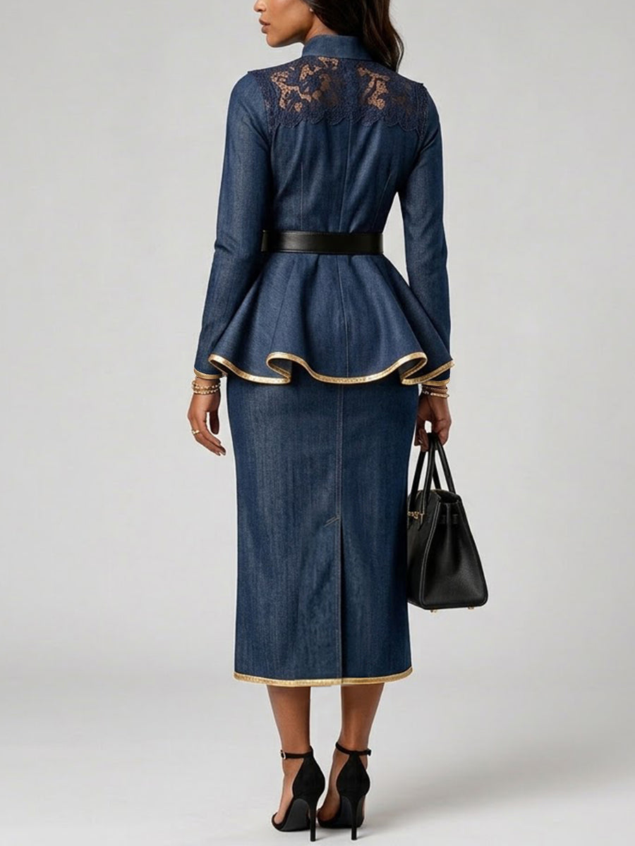 Minimalist Casual Denim Midi Skirt With Gold Piping