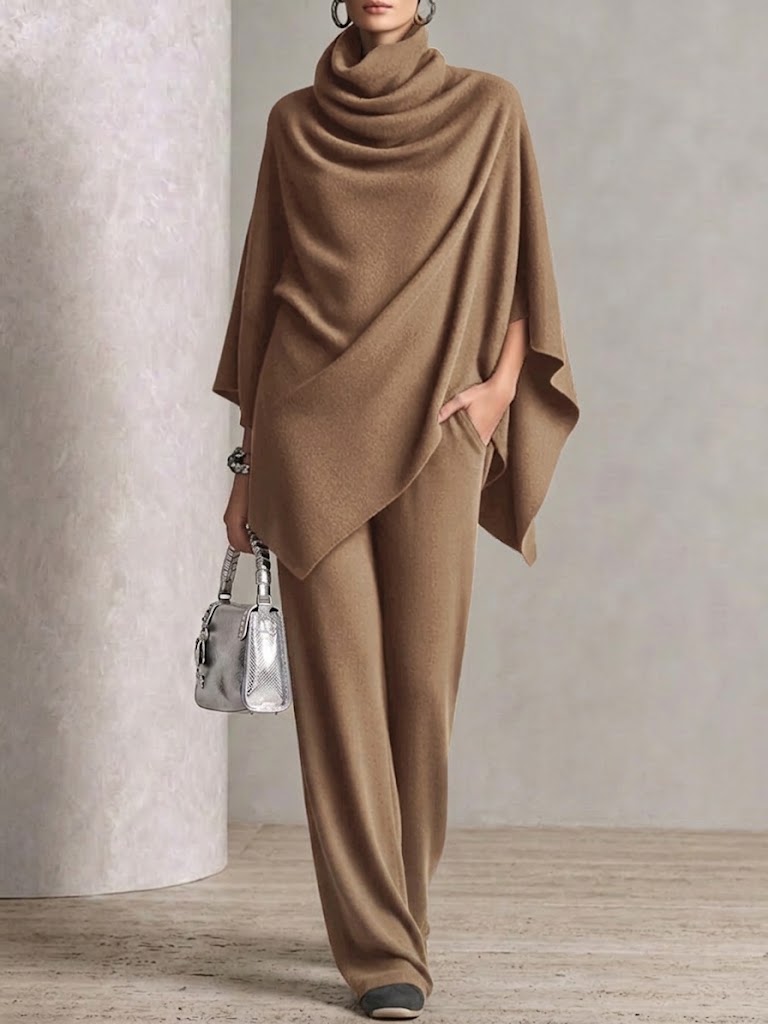 Two-piece Set Featuring A High-neck Cape-style Top And Wide-leg Trousers