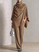 Two-piece Set Featuring A High-neck Cape-style Top And Wide-leg Trousers