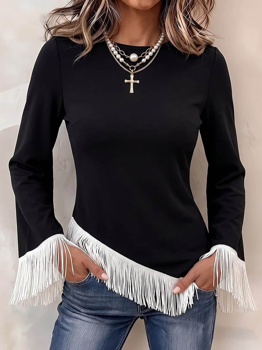 Women's Crew Neck Long-sleeve Loose-fit Color-block Tassel Top