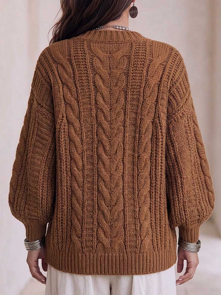 Women's Solid Color V-neck Long Sleeve Casual Loose Knit Cardigan