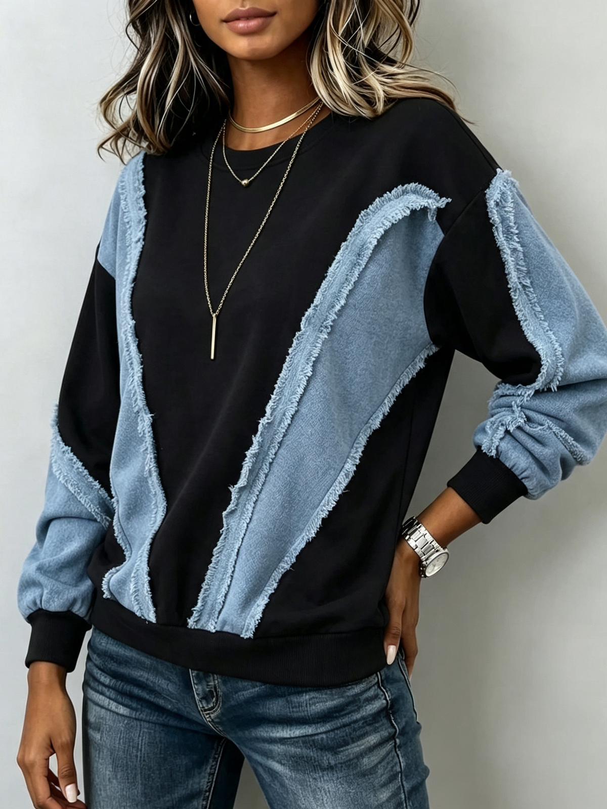 Chic Colorblock Sweatshirt With Raw-edge Denim Paneling
