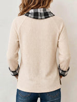 Women's Waffle Knit Plaid Cowl Neck Tunic Top