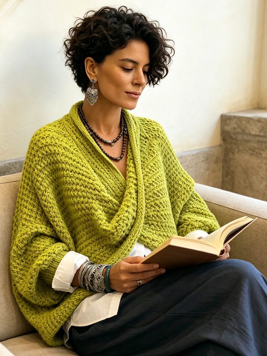 Western Cozy Relaxed Batwing Sleeves Crossover V-neck Sweater