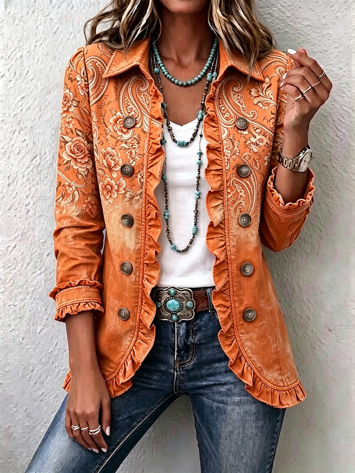 Retro Orange-toned Paisley Floral Jacket With Lettuce-edge Collar