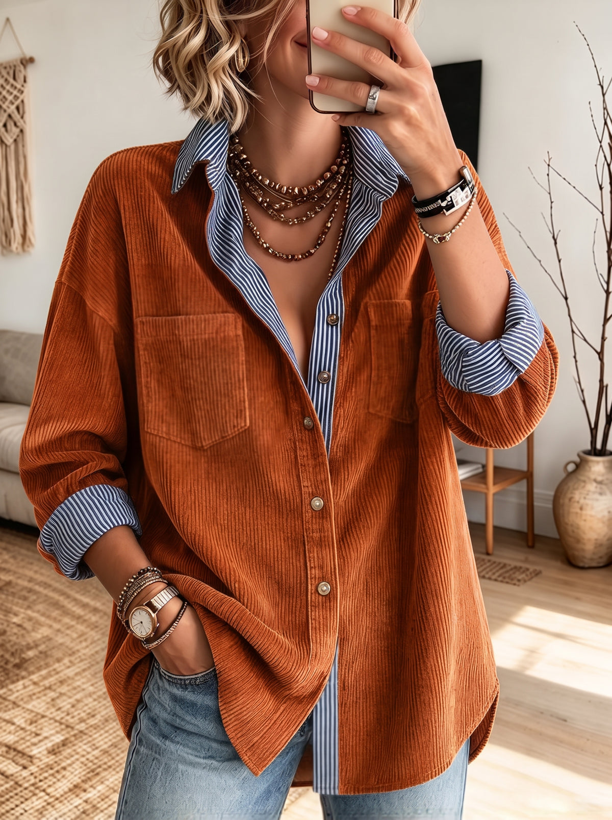 Casual Striped And Corduroy-paneled Shirt