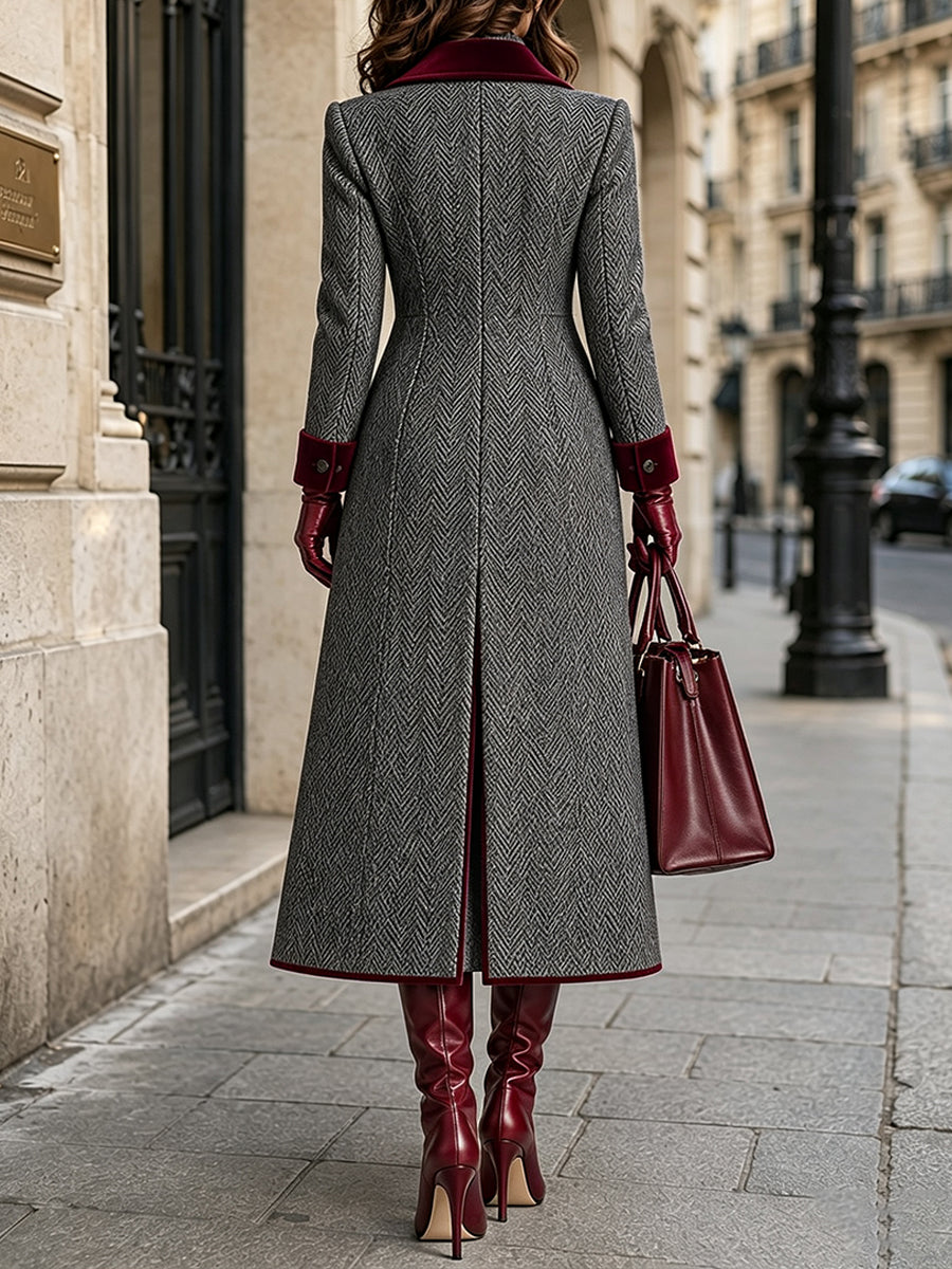 Elegant Herringbone Wool-blend Long Coat
