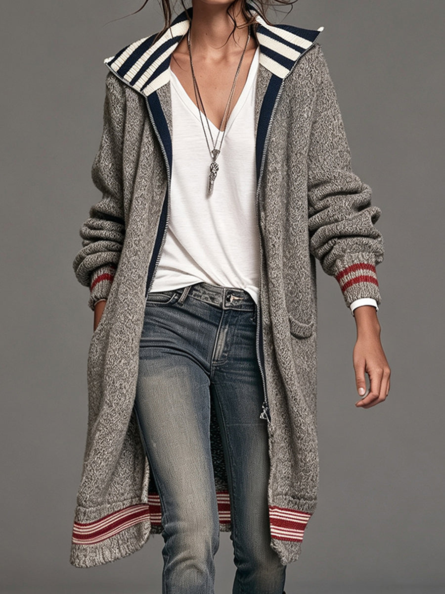 Chic Striped Long-line Knit Cardigan With A Sailor Collar And Zip Fastening.