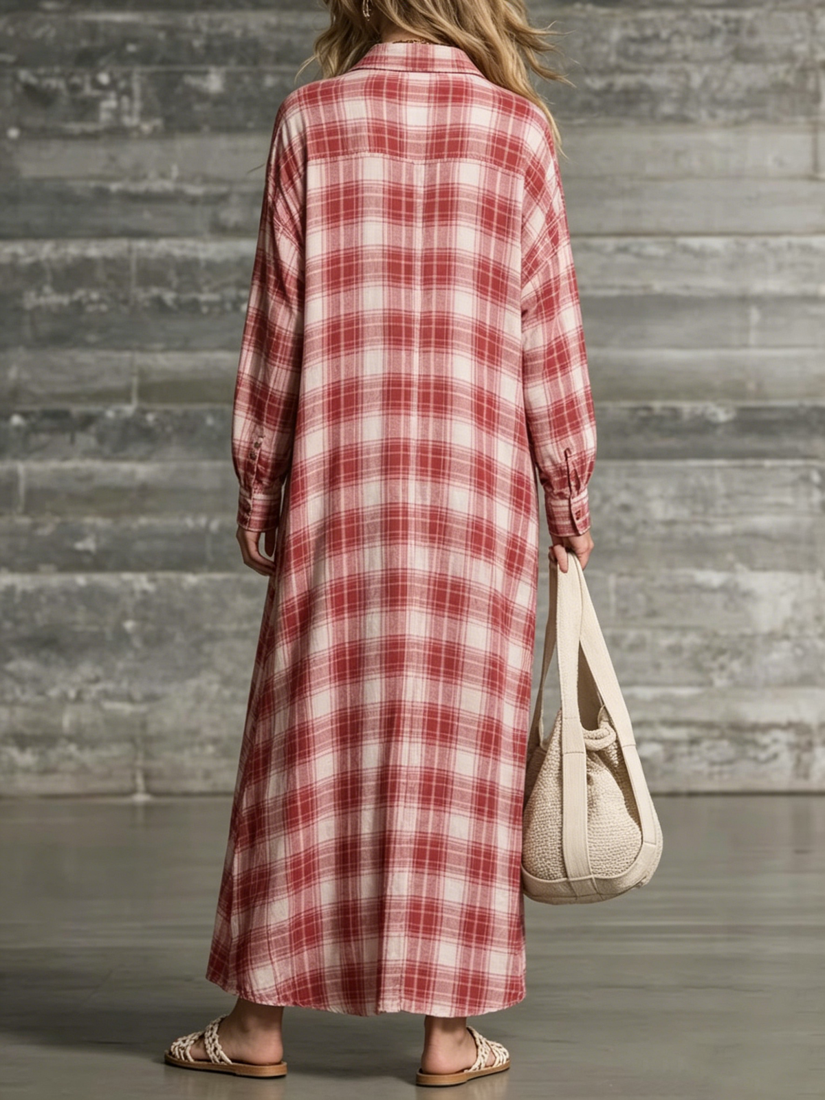 Plaid Long-sleeve Dress With A Collar, Dual Patch Pockets, Dropped Shoulders, And A Loose Fit