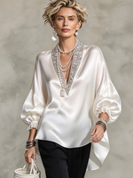 Elegant Formal Sparkling Embellished Satin Blouse