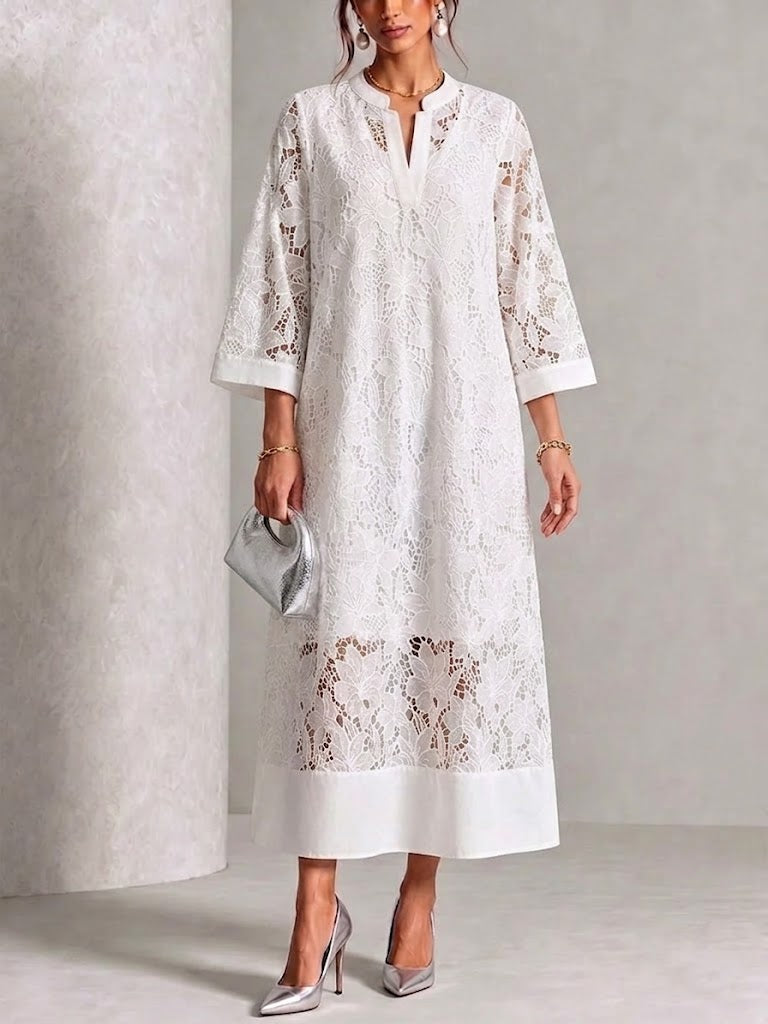 Casual Loose-fit Lace V-neck Dress