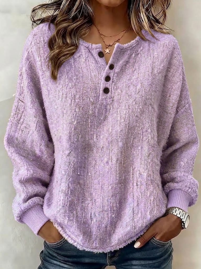 Henley Neck Partial‑button Textured Drop‑shoulder Loose Long‑sleeve Top