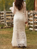 Vintage-style Lace V-neck Long-sleeve High-low Dress With Fringe Detail