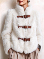 Women's Faux Fur Winter Coat With Leather Buckle Straps