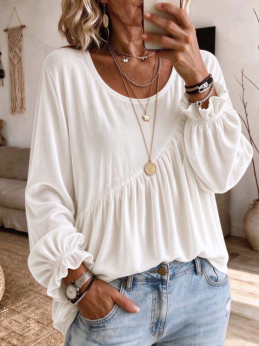 Women's Casual Solid Asymmetrical Peplum Long Sleeve Blouse