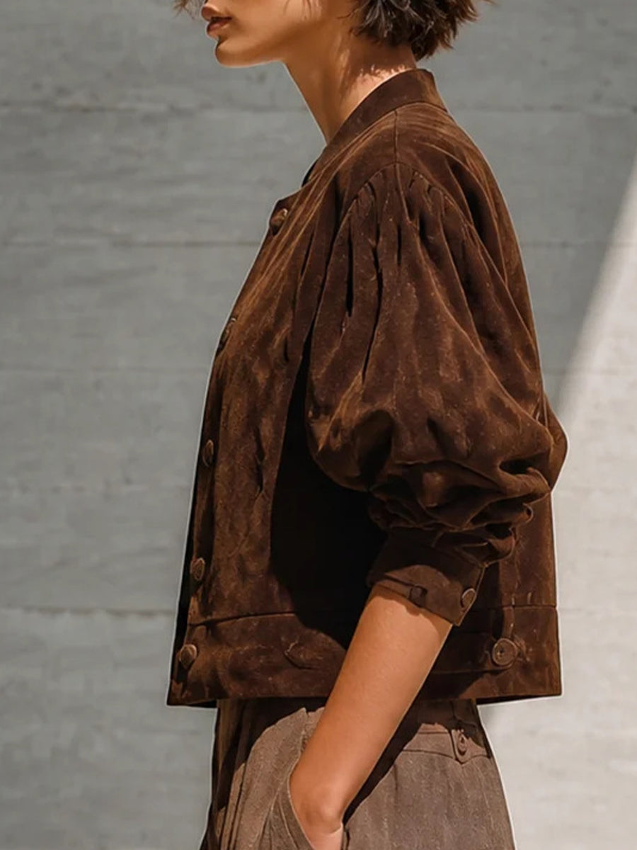 Chic Faux Suede Cropped Jacket With Puff Sleeves
