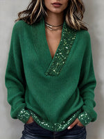 Christmas Sequin-embellished Deep V-neck Knit Top