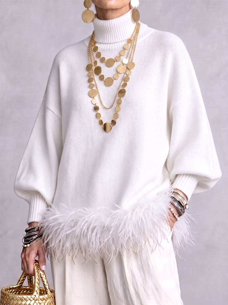Elegant Feather-Trimmed Turtleneck Knit Sweater