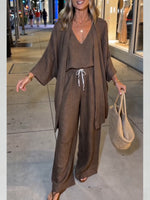 Casual And Comfortable Three-piece Set: Linen Cardigan, Tank Top, And Trousers.