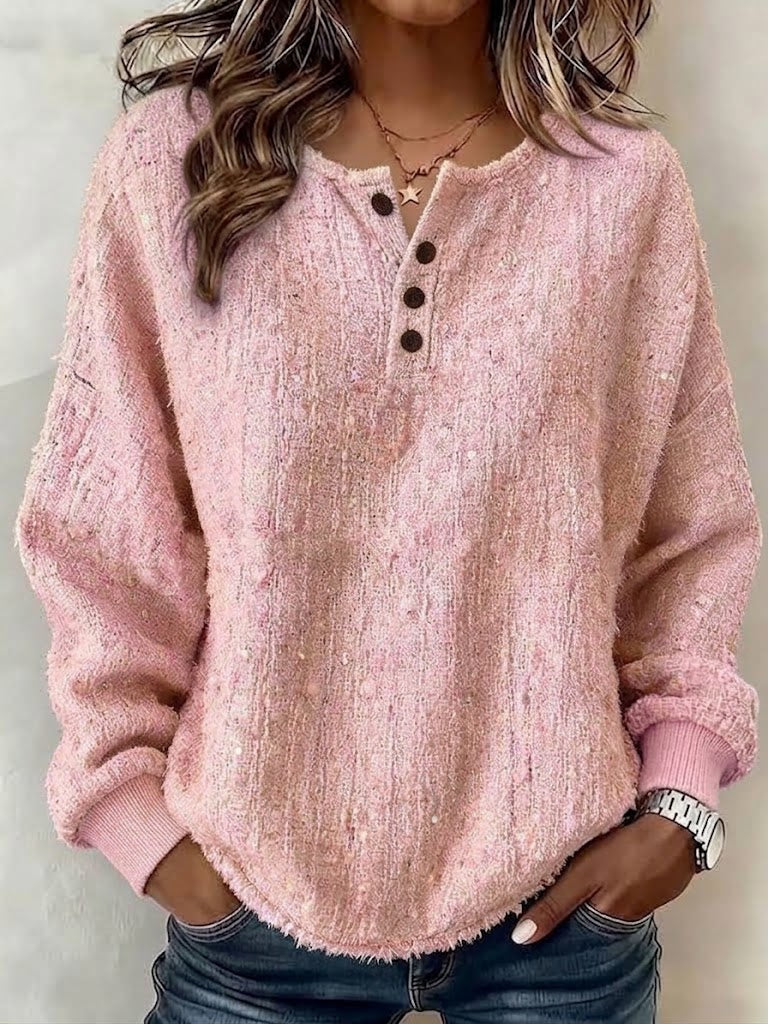 Henley Neck Partial‑button Textured Drop‑shoulder Loose Long‑sleeve Top