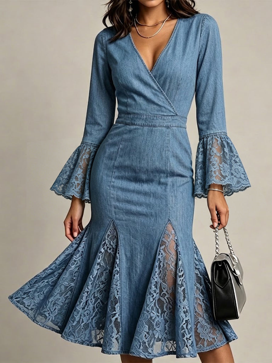 Stylish Denim Dress With Lace Paneling And Mermaid Hem
