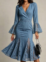 Stylish Denim Dress With Lace Paneling And Mermaid Hem