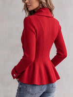 Women's Red Ribbed Knit Asymmetrical Peplum Cardigan