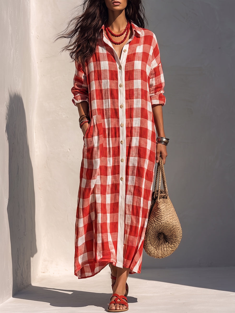 Chic Red Gingham Maxi Shirt Dress with Contrast White Trim