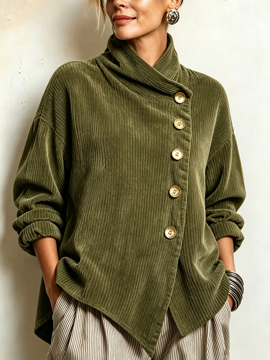 Chic High Funnel Neck Asymmetric Corduroy Top
