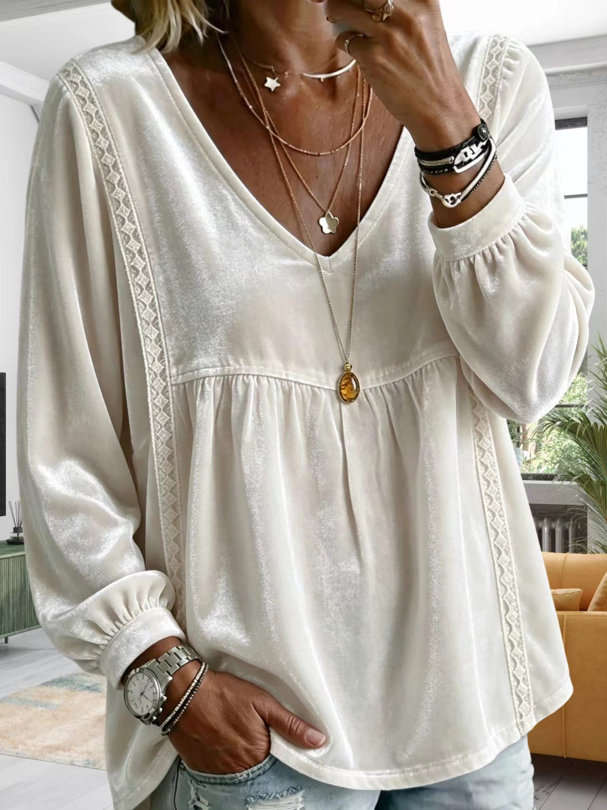 Cozy Velvet Top With Lace Paneling