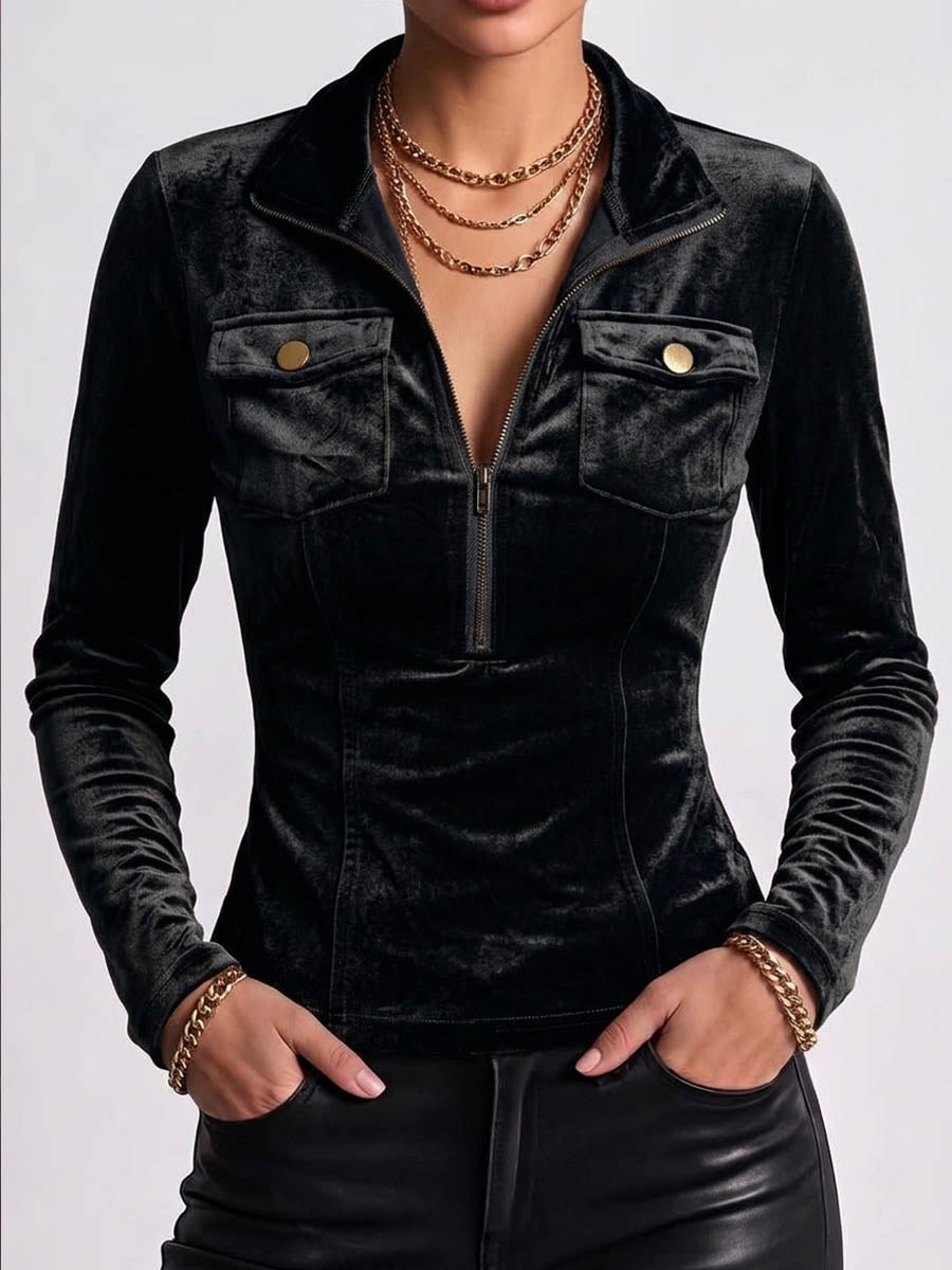 Women's Solid Color Lapel Long-sleeved Casual Loose Velvet Top