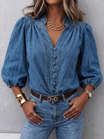 Stylish Casual Retro Lantern-sleeve V-neck Denim Shirt