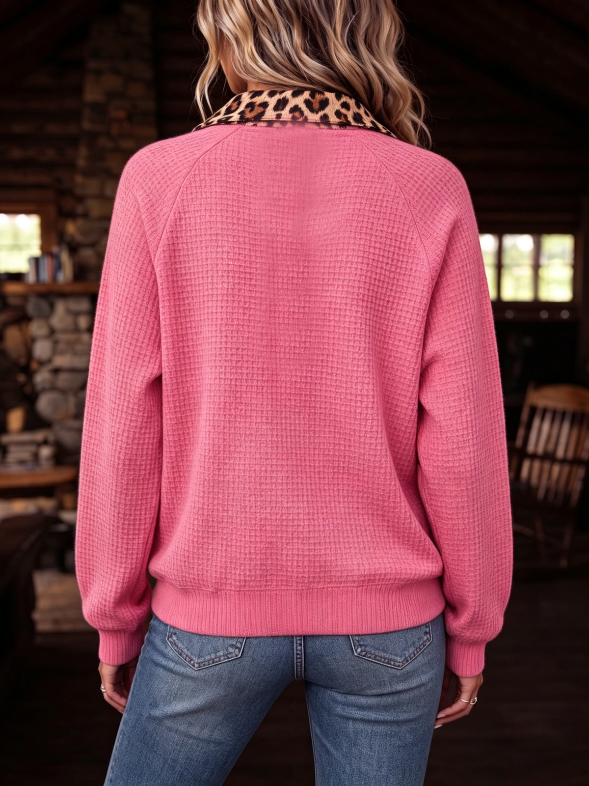 Boho Pink Leopard-print Waffle-knit Polo Top