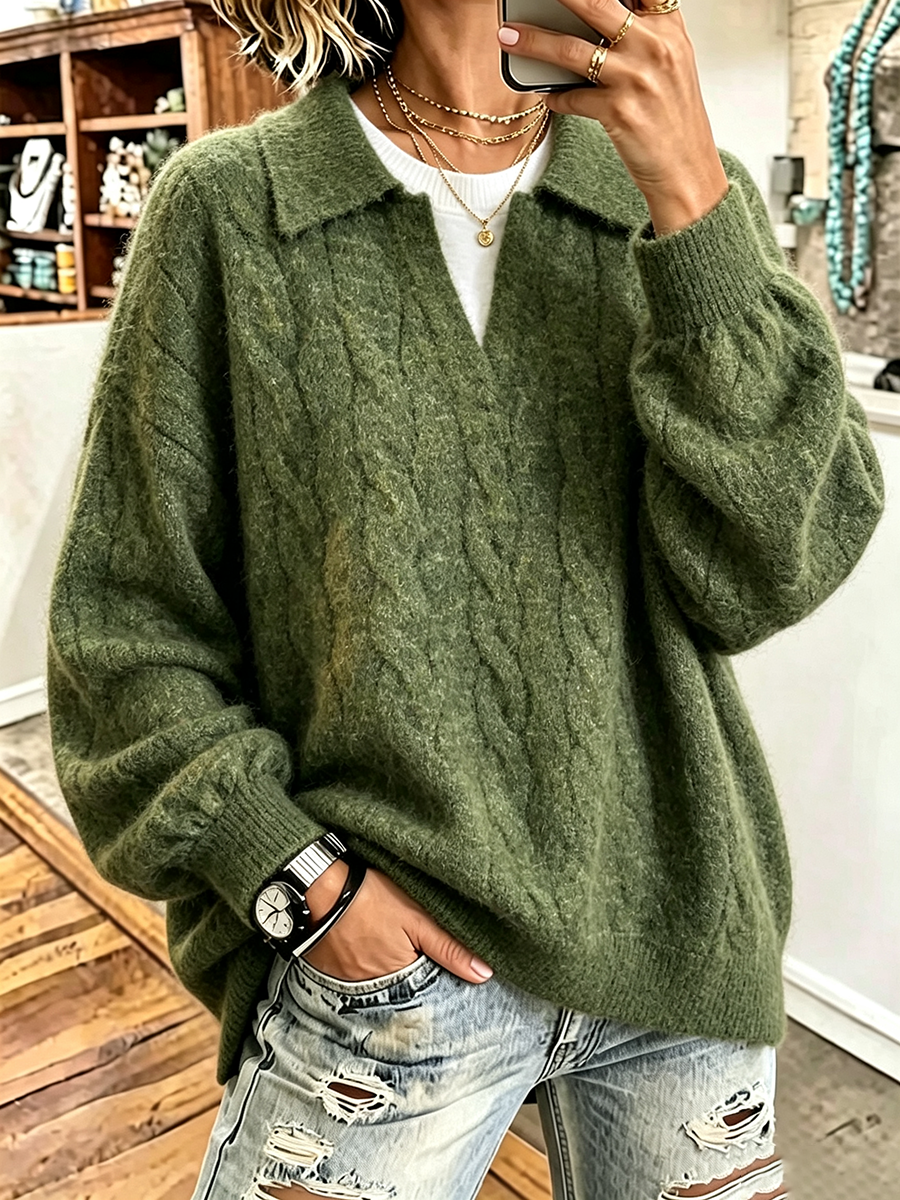 Cozy Polo Faux Two-piece Shirt Collar Cable Knit Sweater