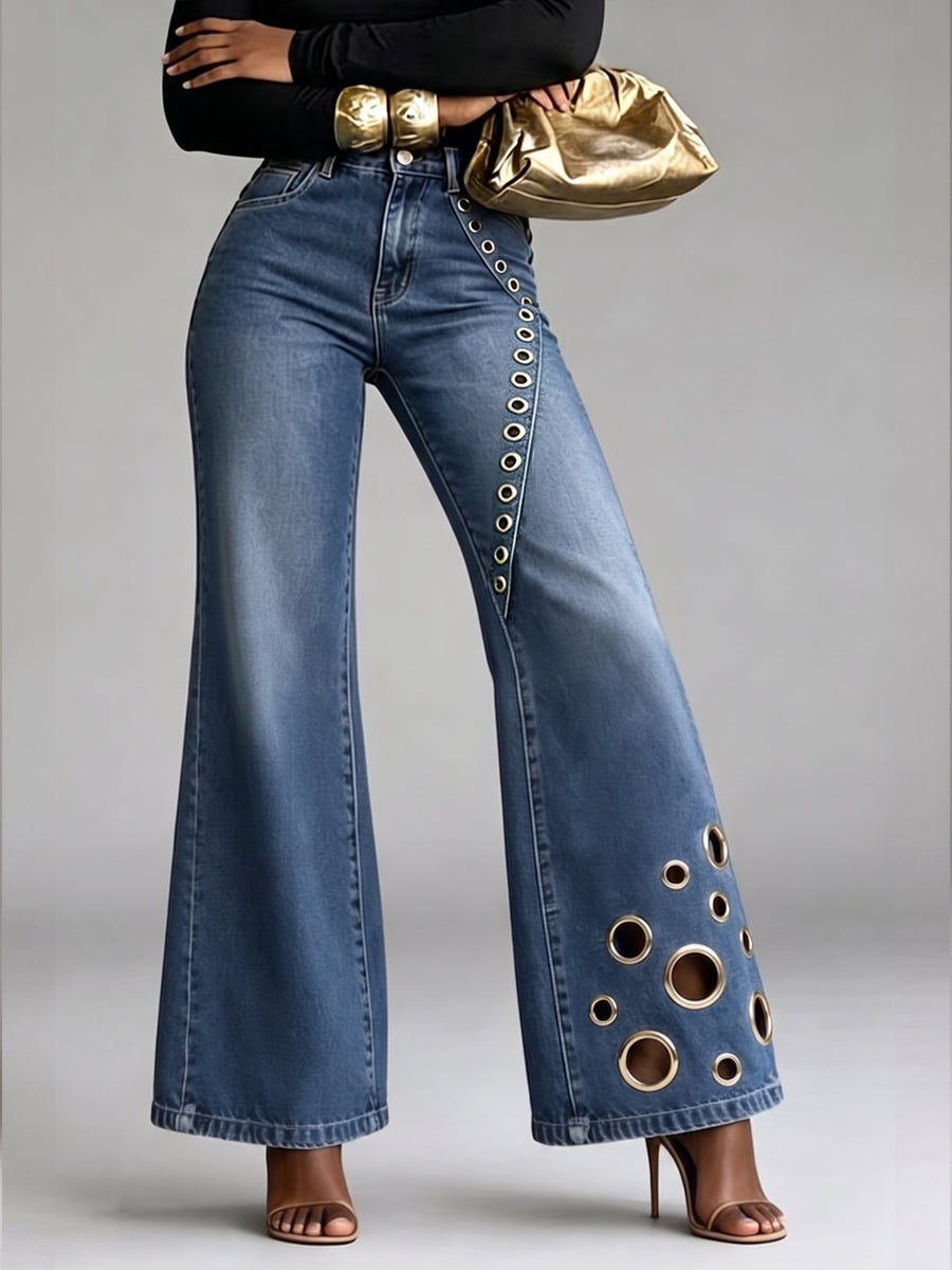 Asymmetrical Grommet Wide-Leg Denim Trousers