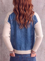 Women's Round Neck Long Sleeve Casual Loose Knitted Patchwork Denim Cardigan