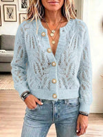 Women's Solid Color Round Neck Hollow-out Long Sleeve Casual Loose Knit Cardigan