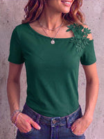 Women's Solid Color Off-shoulder Short-sleeved Embroidered Patchwork Top