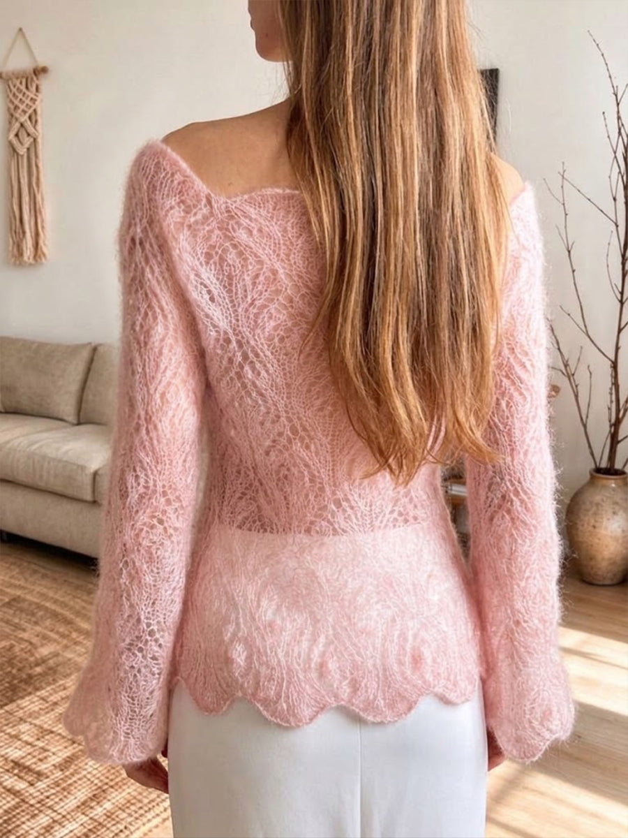 Elegant Off-the-shoulder, Flared-sleeve, Open-knit Mohair-blend Top