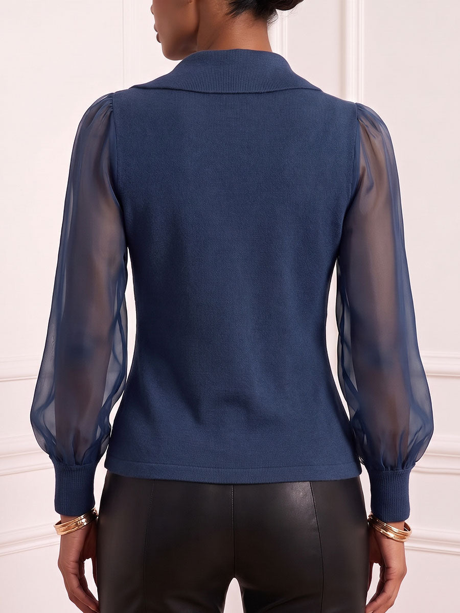 Women's Collared Long-sleeved Chiffon And Knitted Top