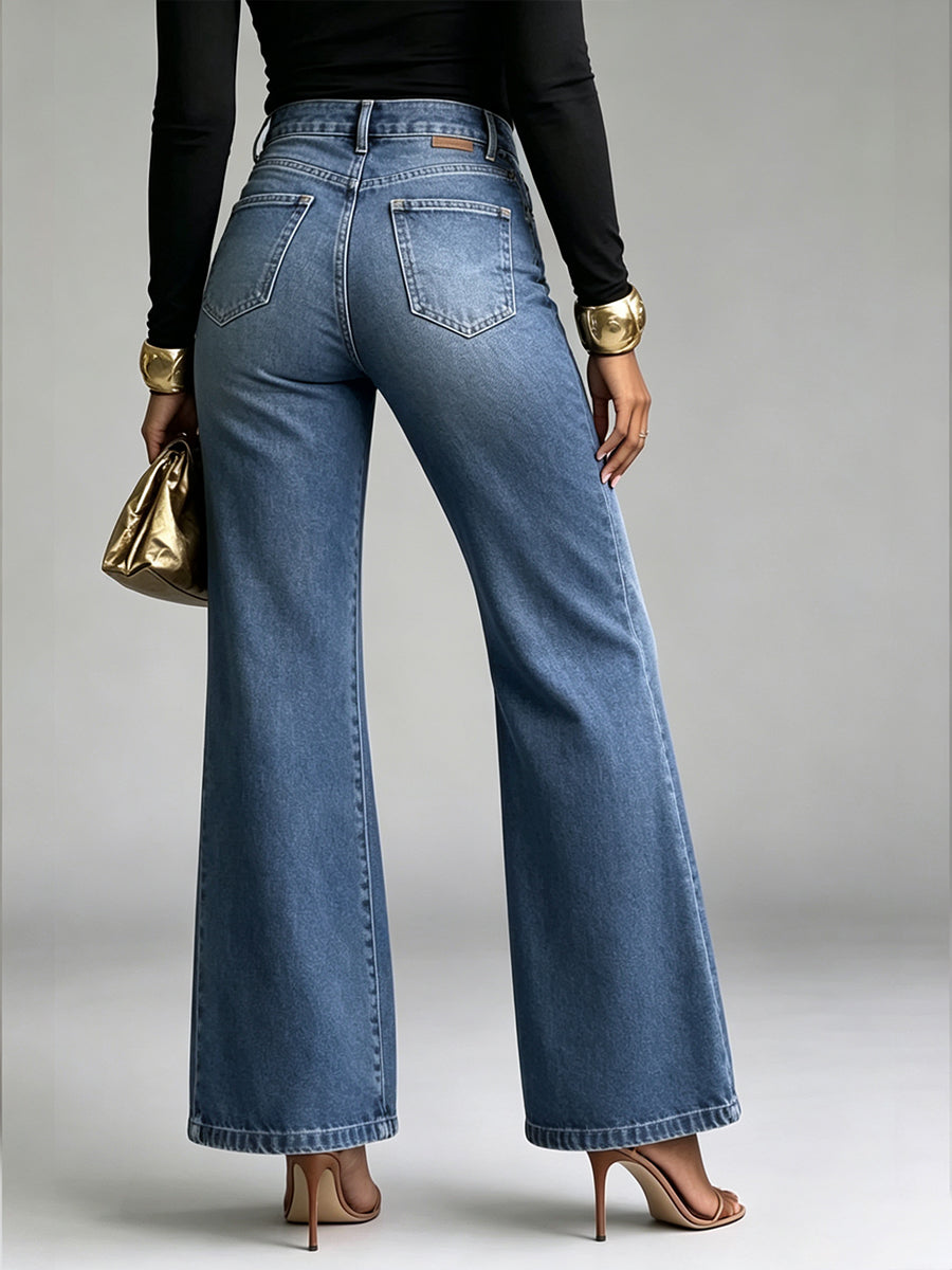 Asymmetrical Grommet Wide-Leg Denim Trousers