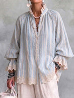 Vertical-striped Linen Shirt With A Lace-trimmed Stand Collar