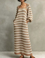 Chic Square-neck Striped Cut-out Knit Maxi Dress