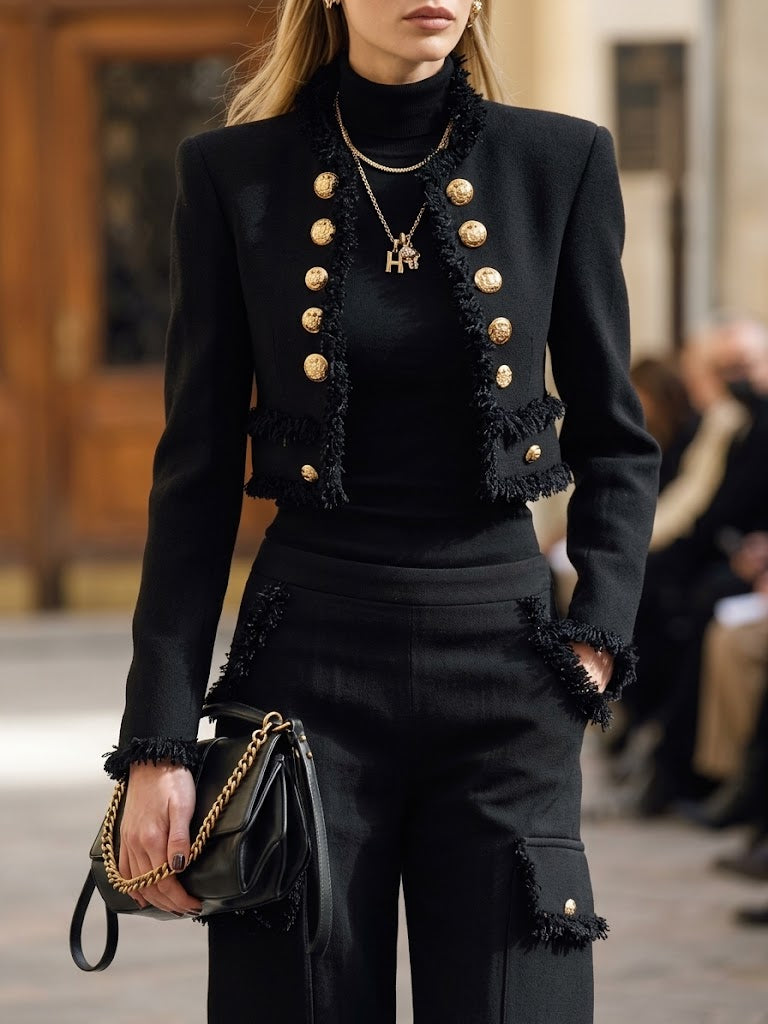 Classic Black Tweed Jacket With Fringe Trim
