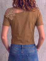 Women's Solid Color Off-shoulder Short-sleeved Embroidered Patchwork Top