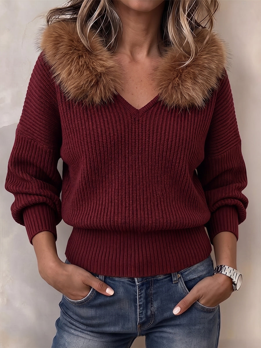 Luxurious Faux-Fur Collar Ribbed Sweater