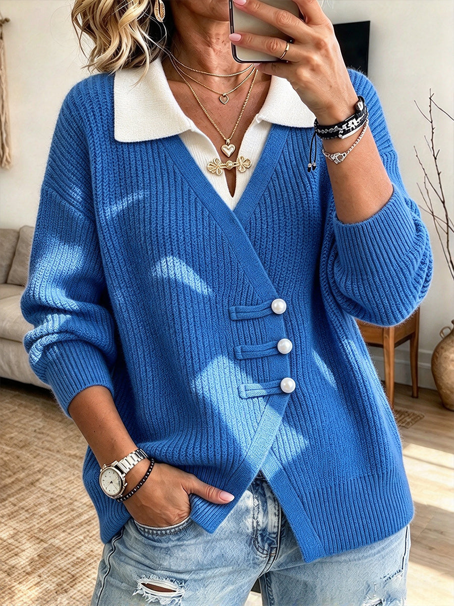 Elegant And Refined Knit Top With A Contrasting-color Collar And Traditional Chinese-style Button Closures (pankou)